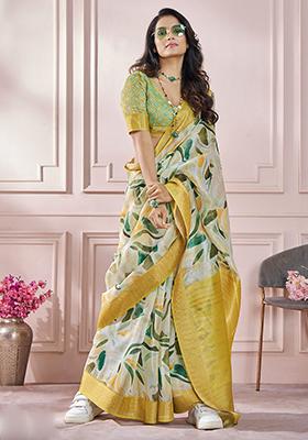 Off White Printed Silk Saree Set