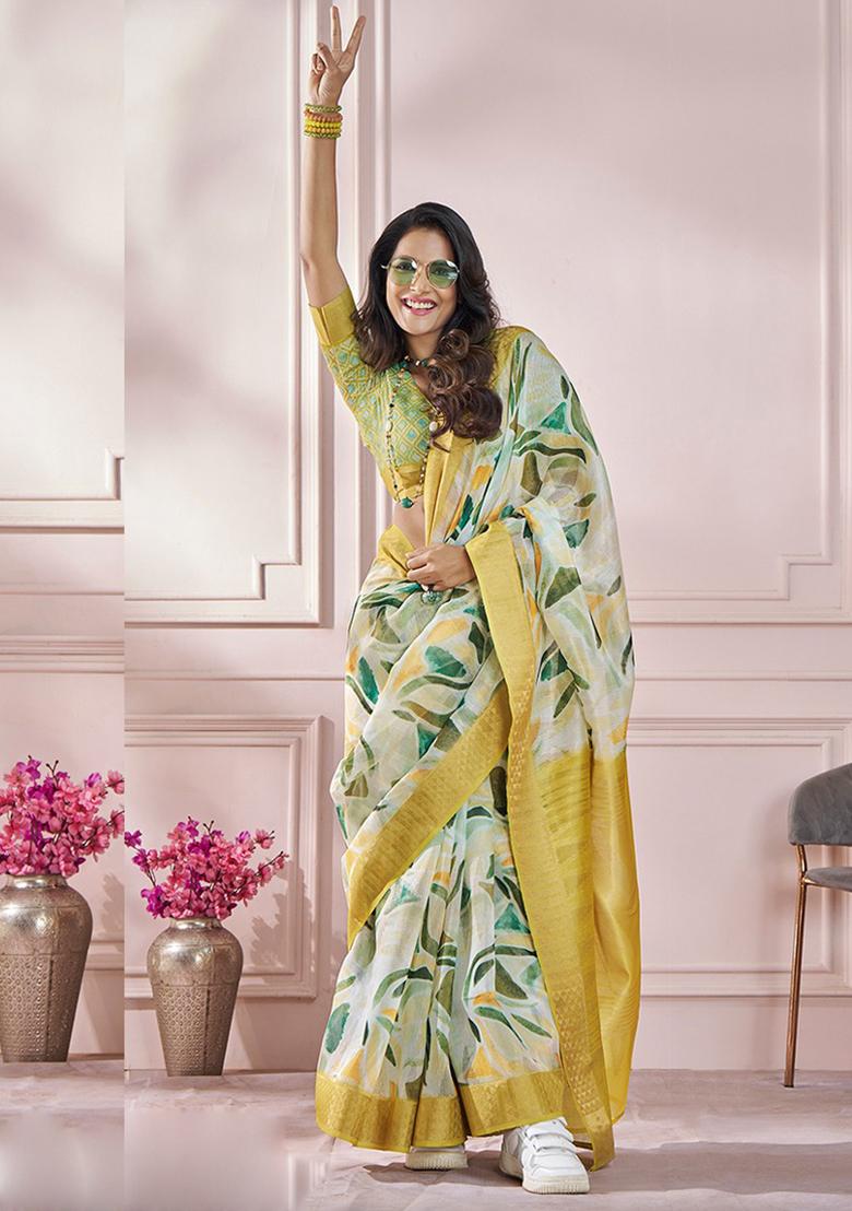 Off White Printed Silk Saree Set
