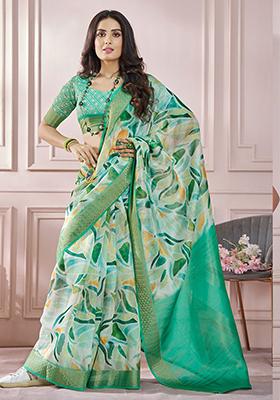 Lime Green Printed Silk Saree Set