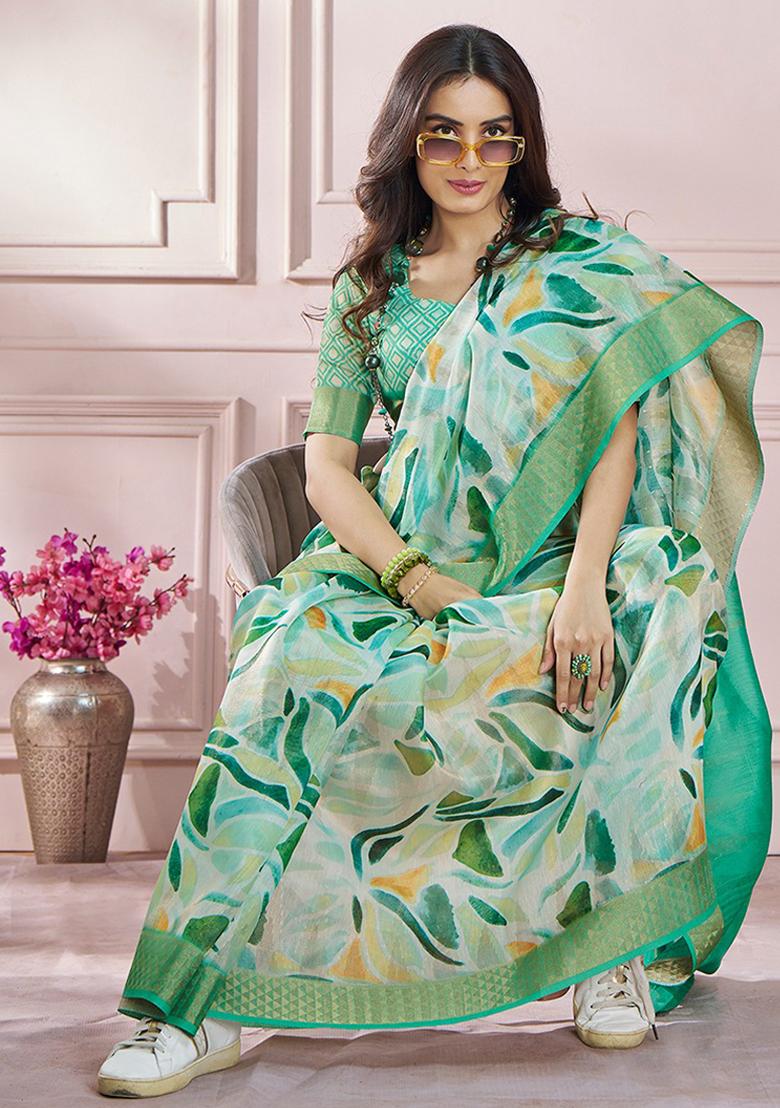 Lime Green Printed Silk Saree Set