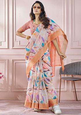 Off White Printed Silk Saree Set