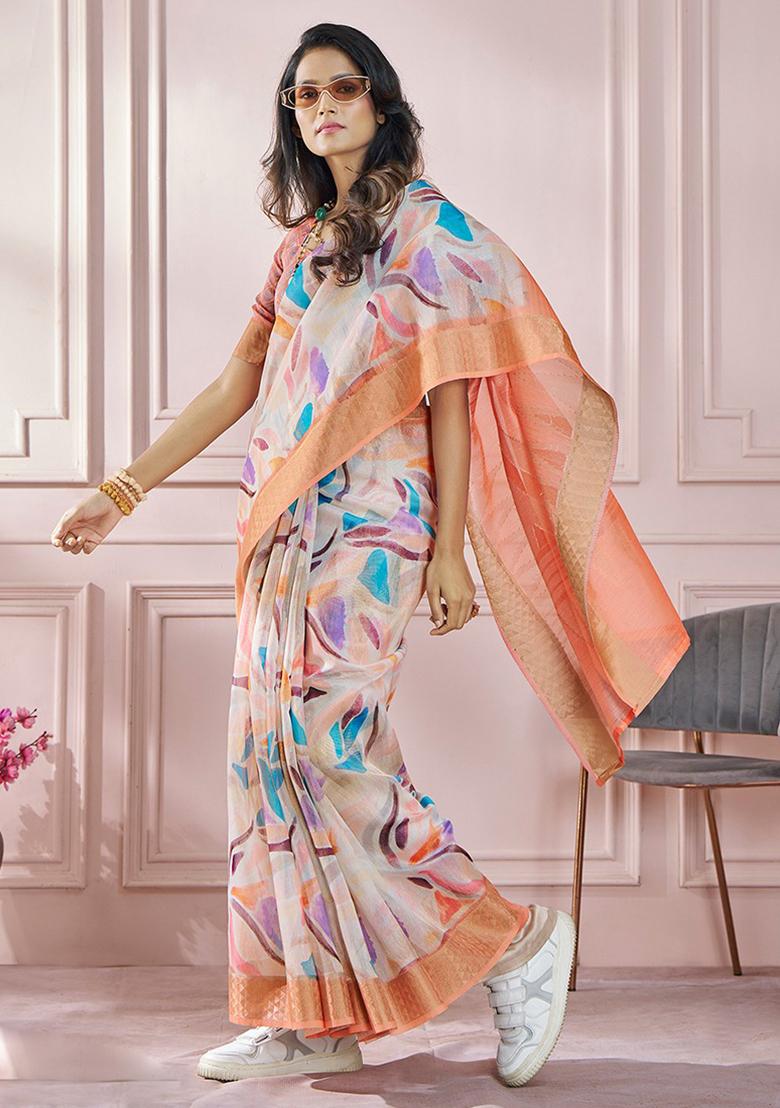 Off White Printed Silk Saree Set
