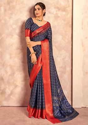Blue Printed Silk Saree Set