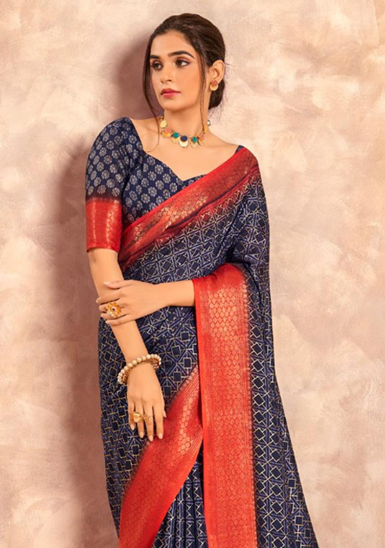 Blue Printed Silk Saree Set