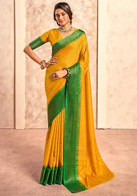 Yellow Printed Silk Saree Set