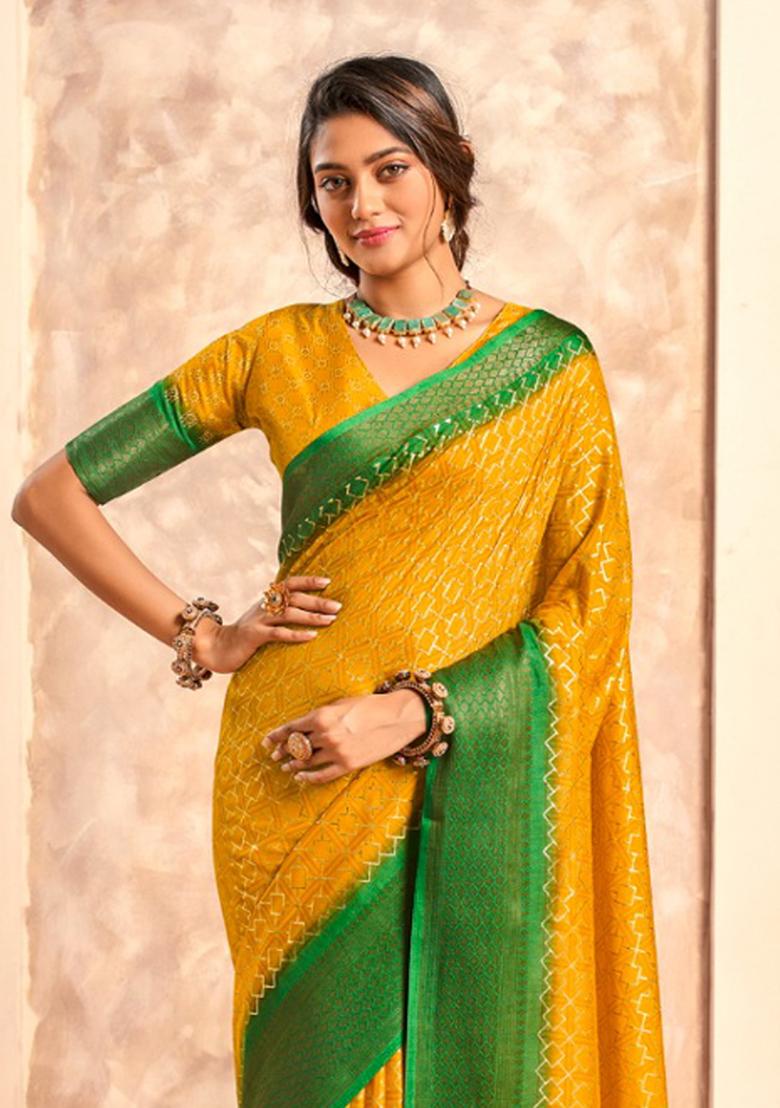Yellow Printed Silk Saree Set