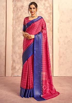 Pink Printed Silk Saree Set