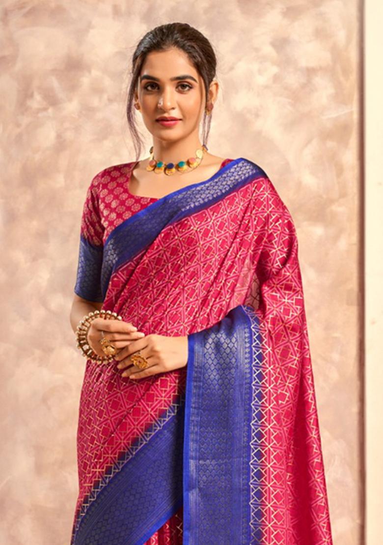 Pink Printed Silk Saree Set