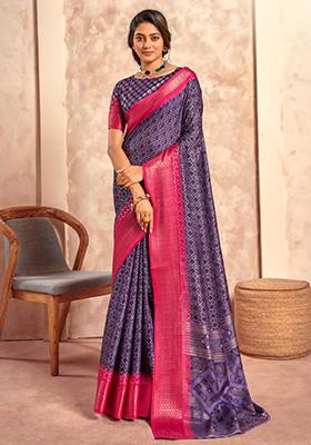 Purple Printed Silk Saree Set