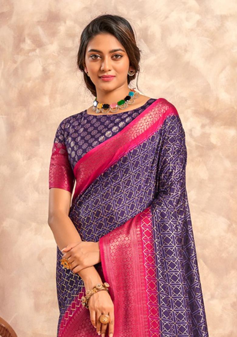Purple Printed Silk Saree Set