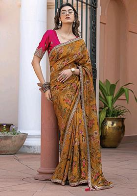 Beige Printed Silk Saree Set