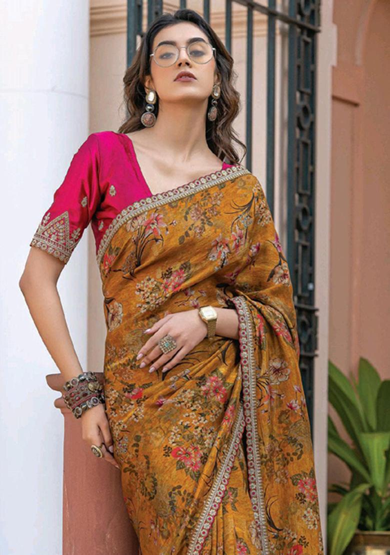 Beige Printed Silk Saree Set
