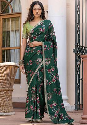 Green Printed Silk Saree Set