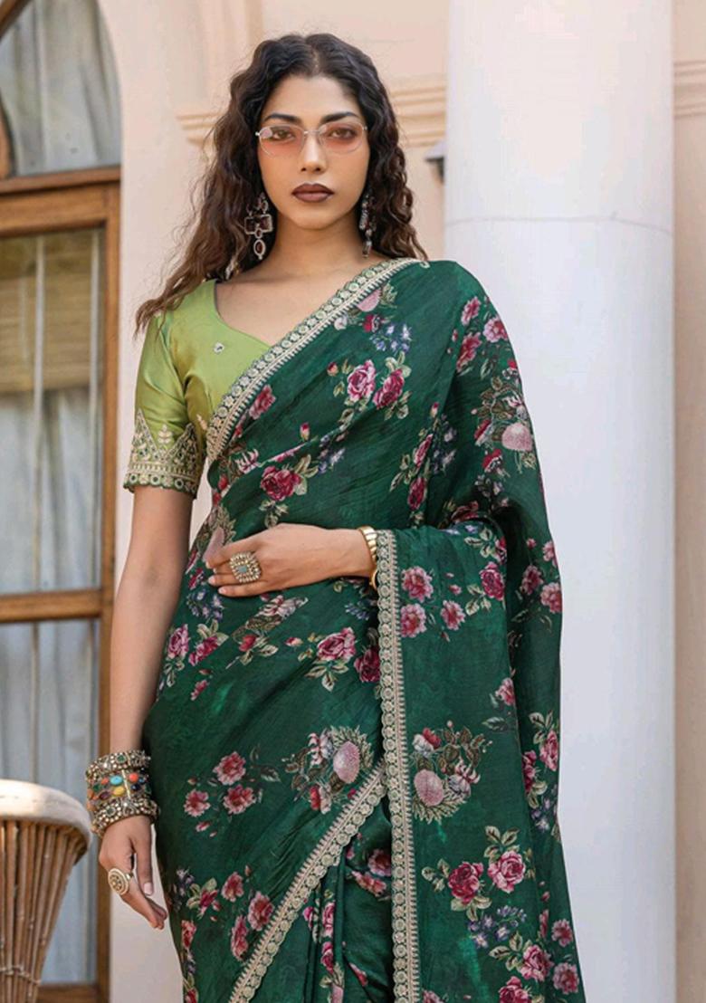 Green Printed Silk Saree Set
