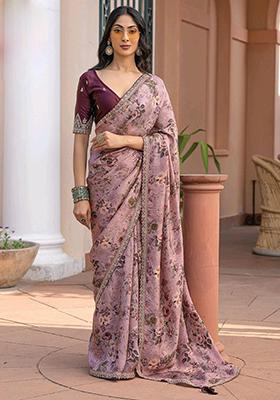 Onion Pink Printed Silk Saree Set