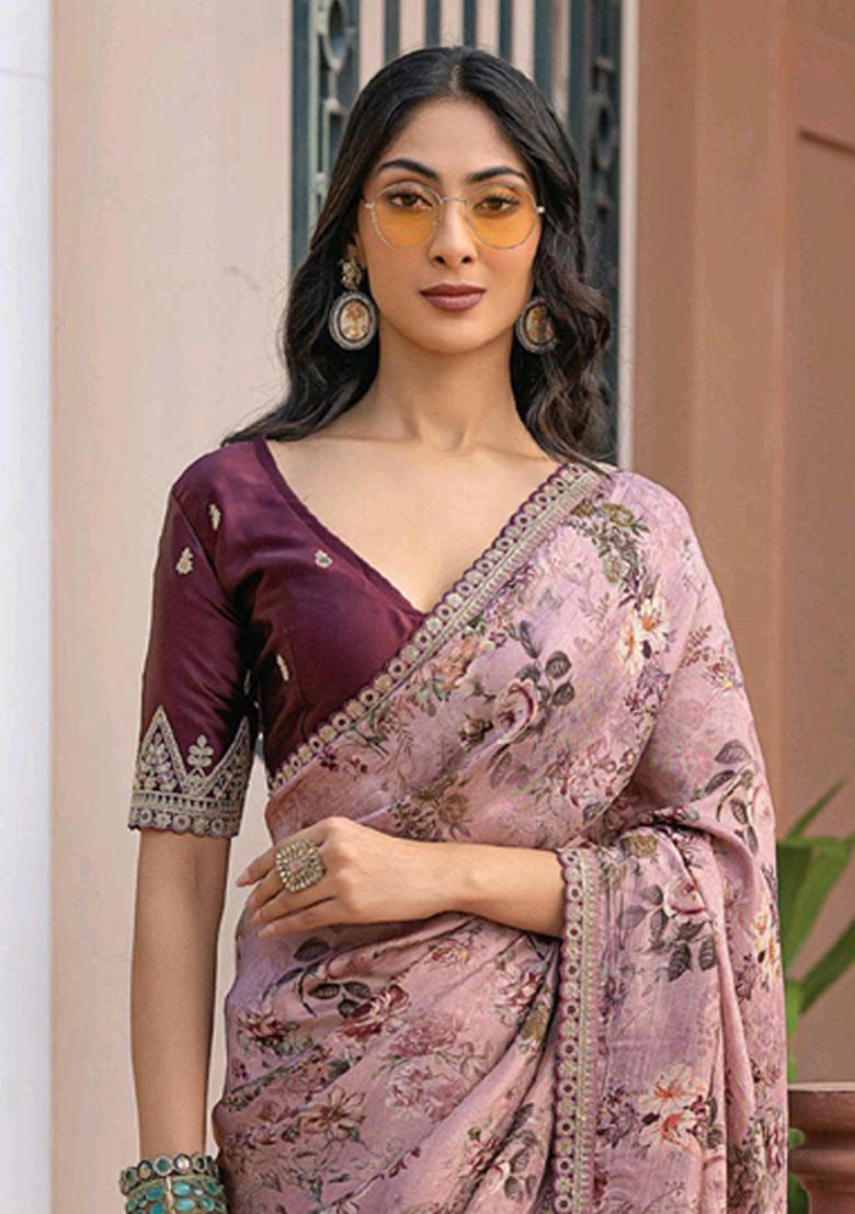 Onion Pink Printed Silk Saree Set