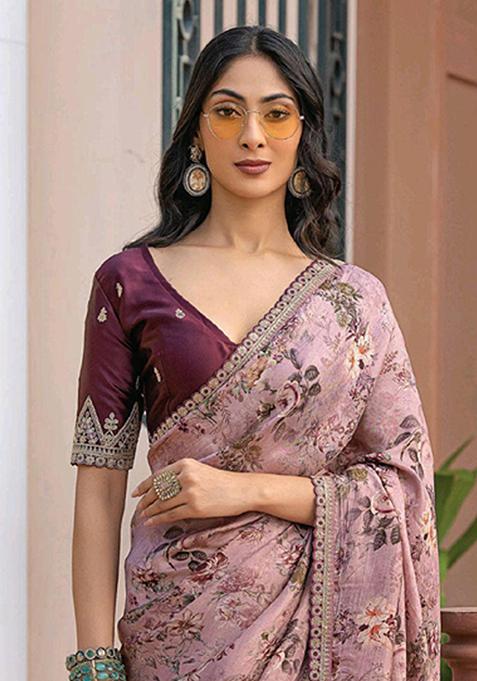 Raw Silk Onion Pink Stripes Printed Saree With Zari Checks Border 03 - Shriyaya by Kumaran Silks main image 1