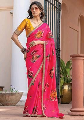 Pink Printed Silk Saree Set
