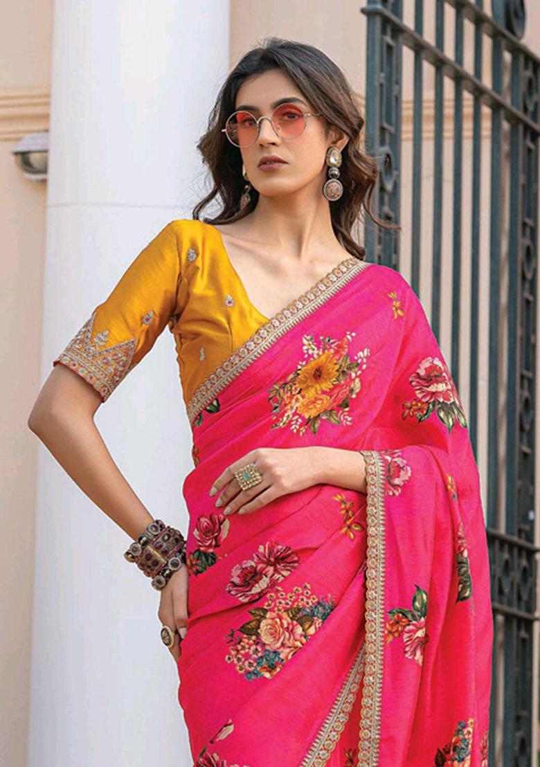 Pink Printed Silk Saree Set