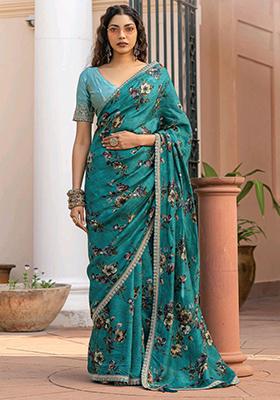 Turquoise Printed Silk Saree Set