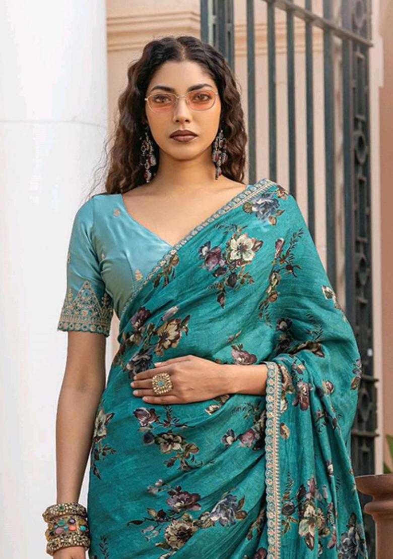 Turquoise Printed Silk Saree Set