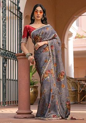 Grey Printed Silk Saree Set