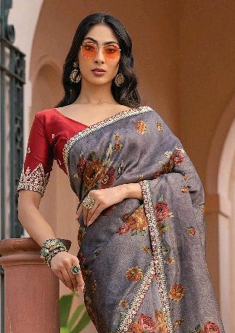 Grey Printed Silk Saree Set
