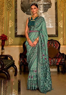 Pista Green Printed Silk Saree Set
