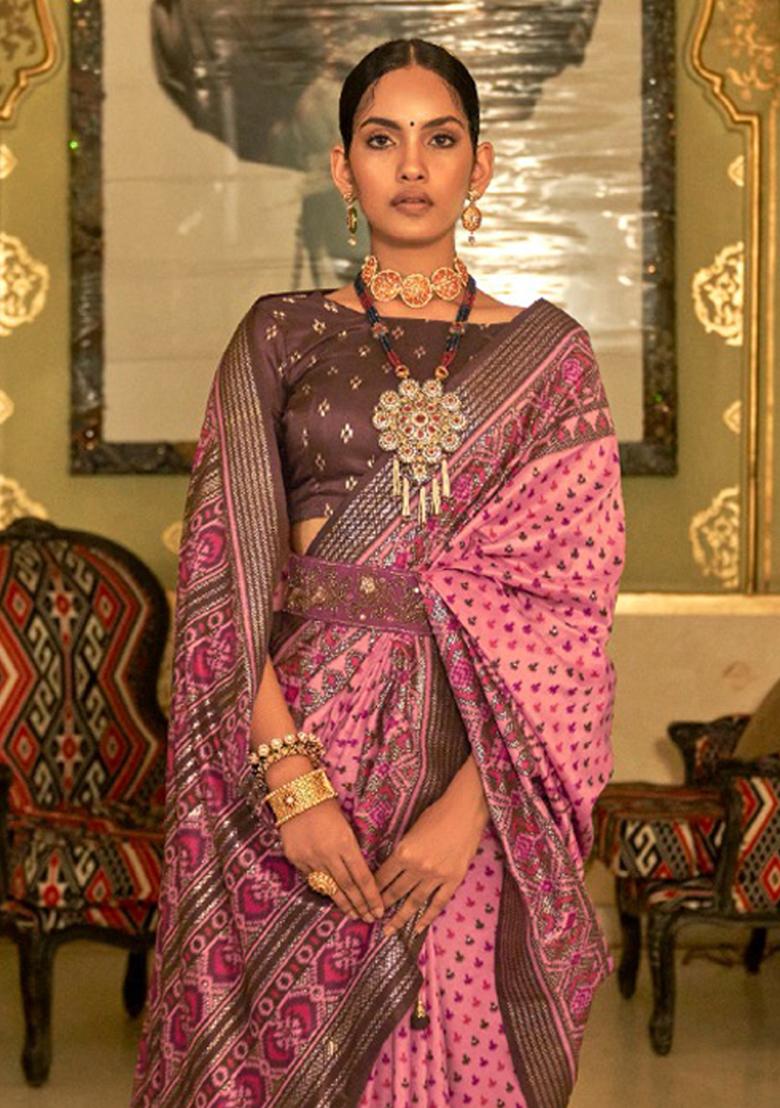 Onion Pink Printed Silk Saree Set