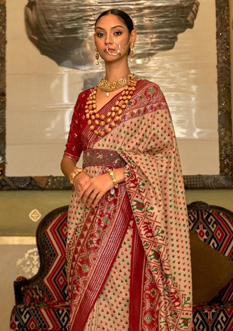 Beige Printed Silk Saree Set