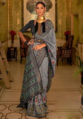 Grey Printed Silk Saree Set