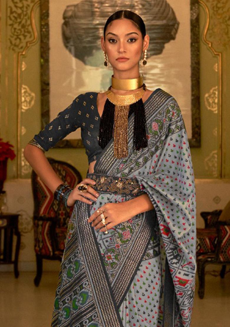 Grey Printed Silk Saree Set