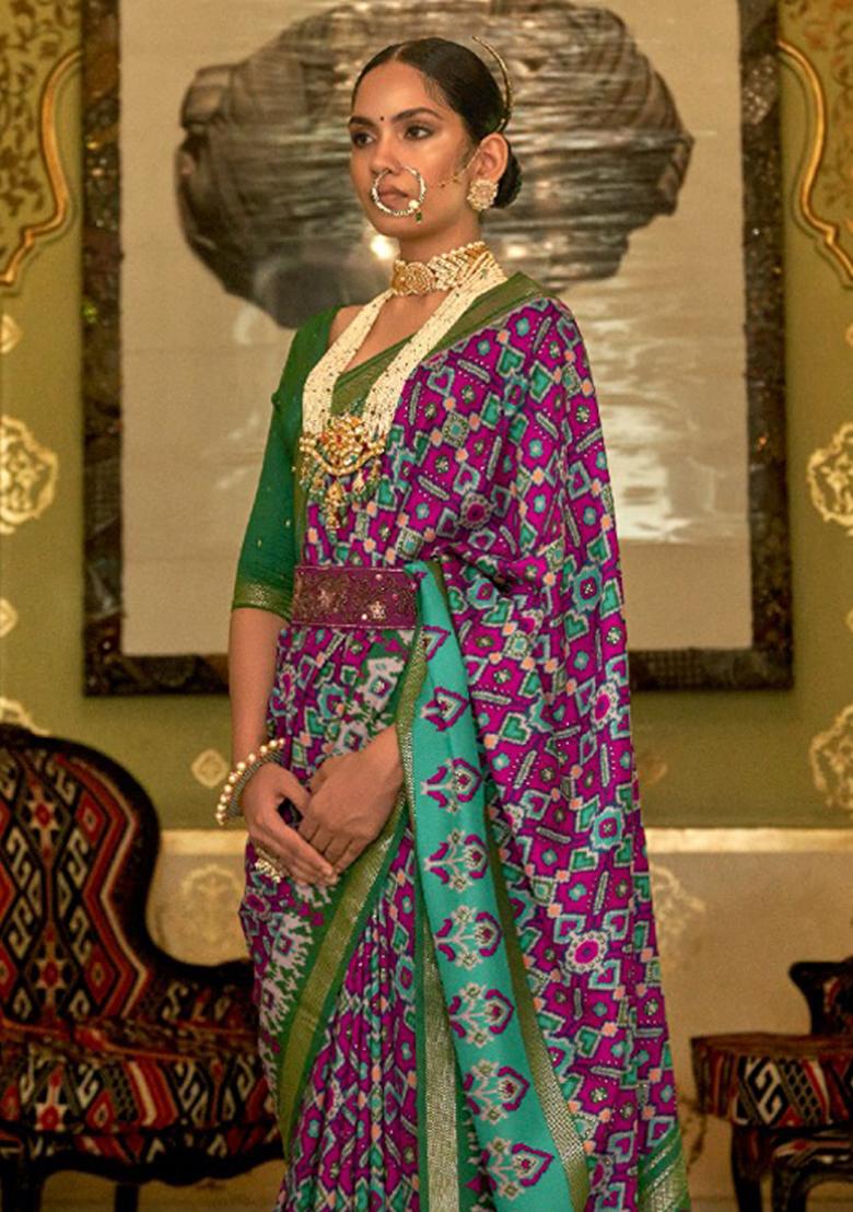 Pink Printed Silk Saree Set