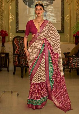 Cream Printed Silk Saree Set