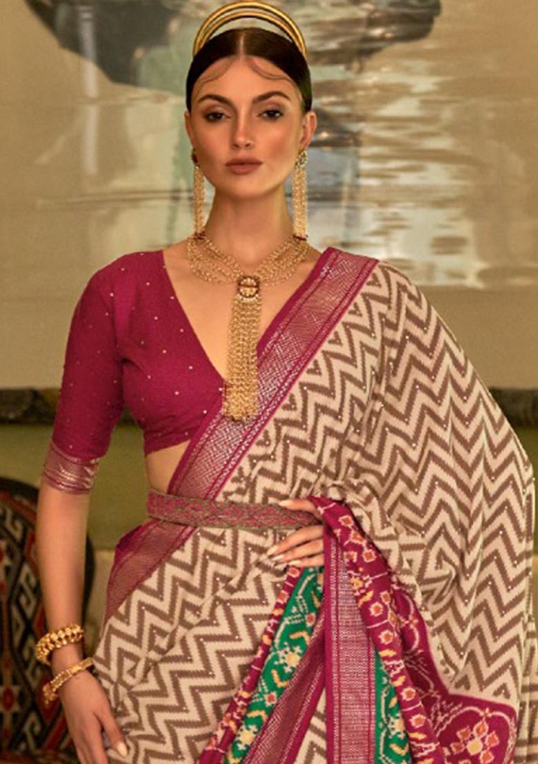 Cream Printed Silk Saree Set