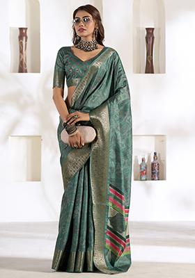 Teal Green Printed Silk Saree Set