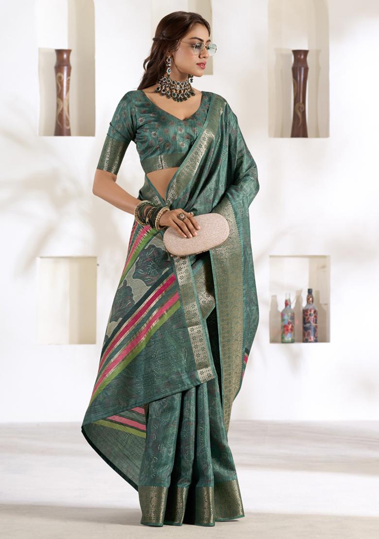 Teal Green Printed Silk Saree Set