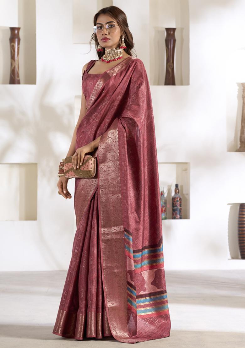 Onion Pink Printed Silk Saree Set