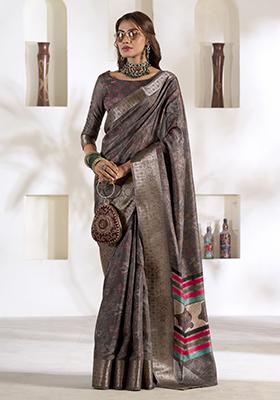 Grey Printed Silk Saree Set