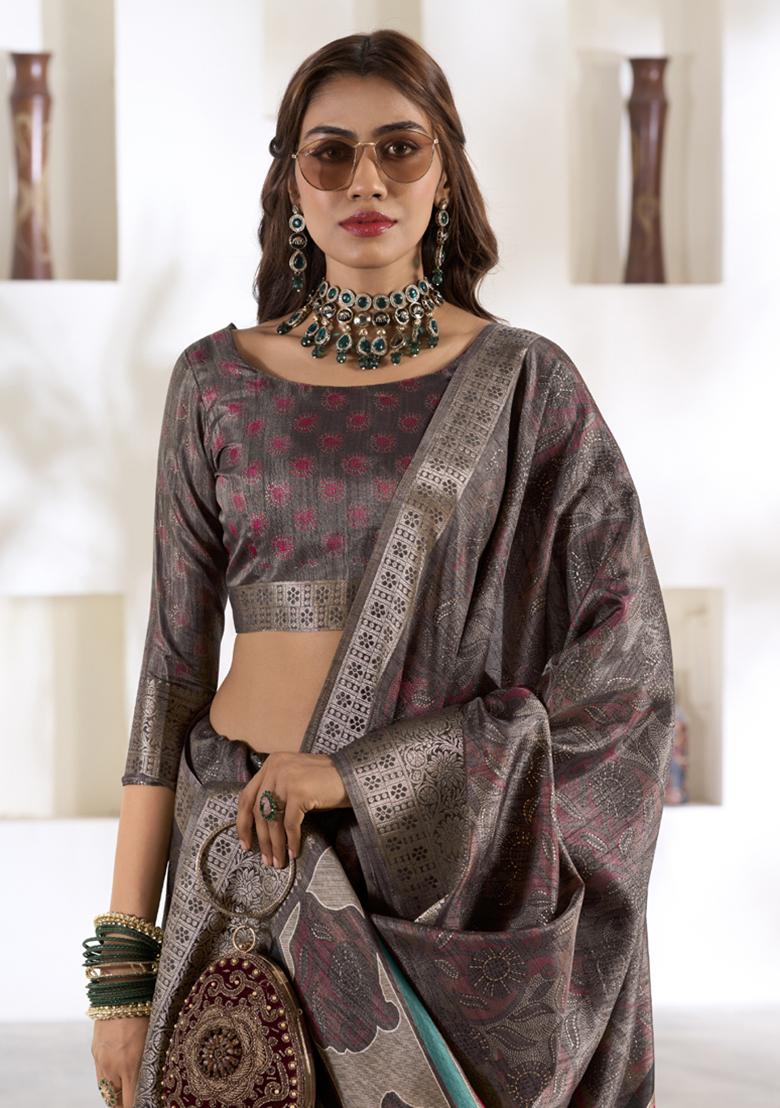 Grey Printed Silk Saree Set
