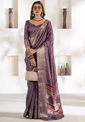 Lavender Printed Silk Saree Set