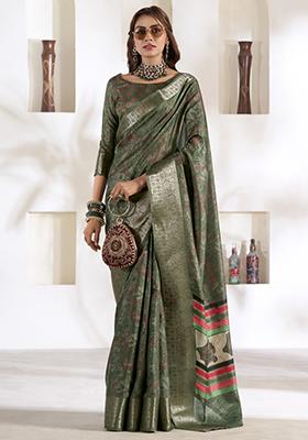 Mehendi Printed Silk Saree Set