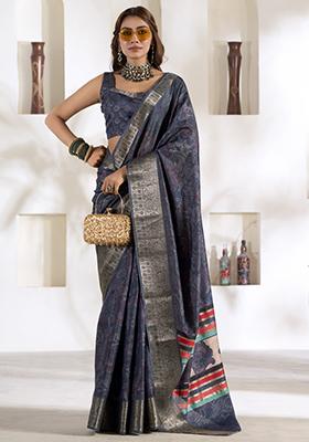 Blue Printed Silk Saree Set