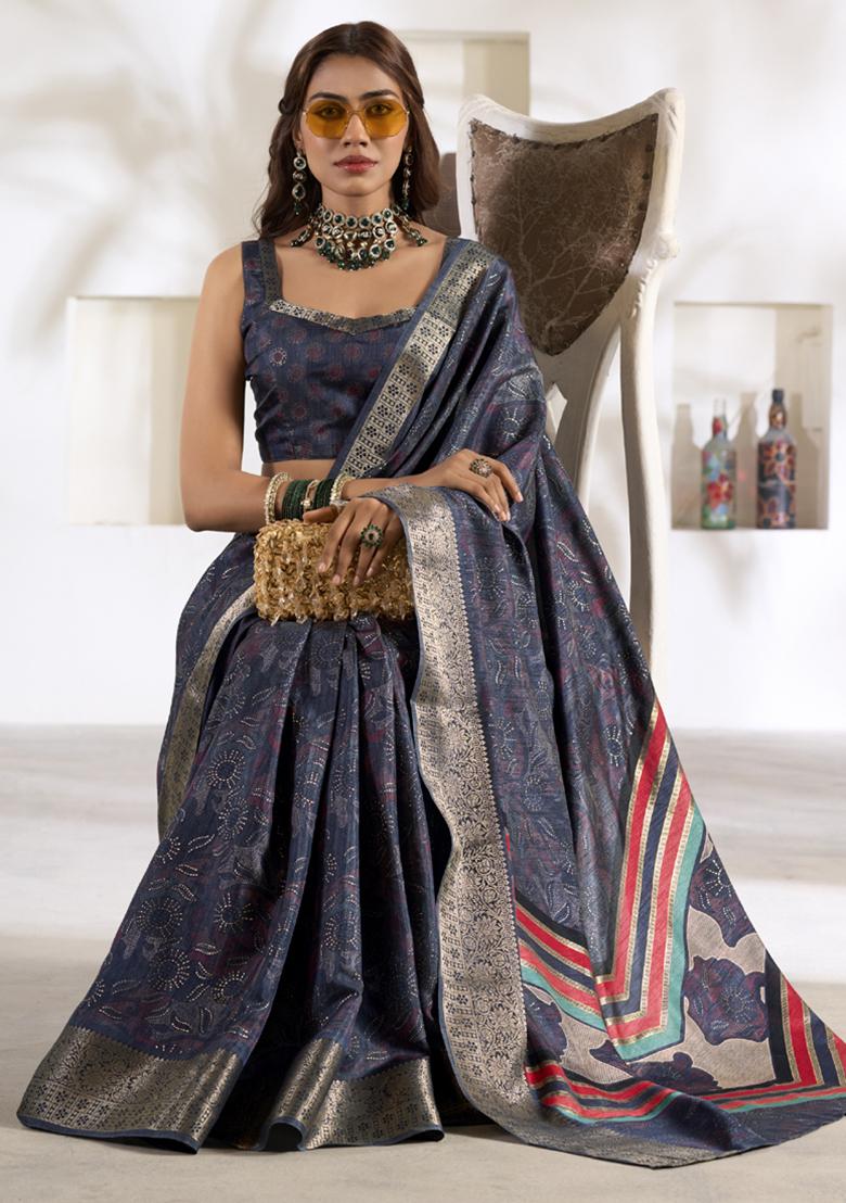 Blue Printed Silk Saree Set