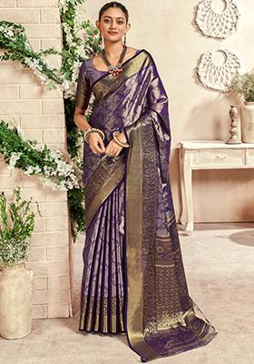 Purple Woven Silk Saree Set