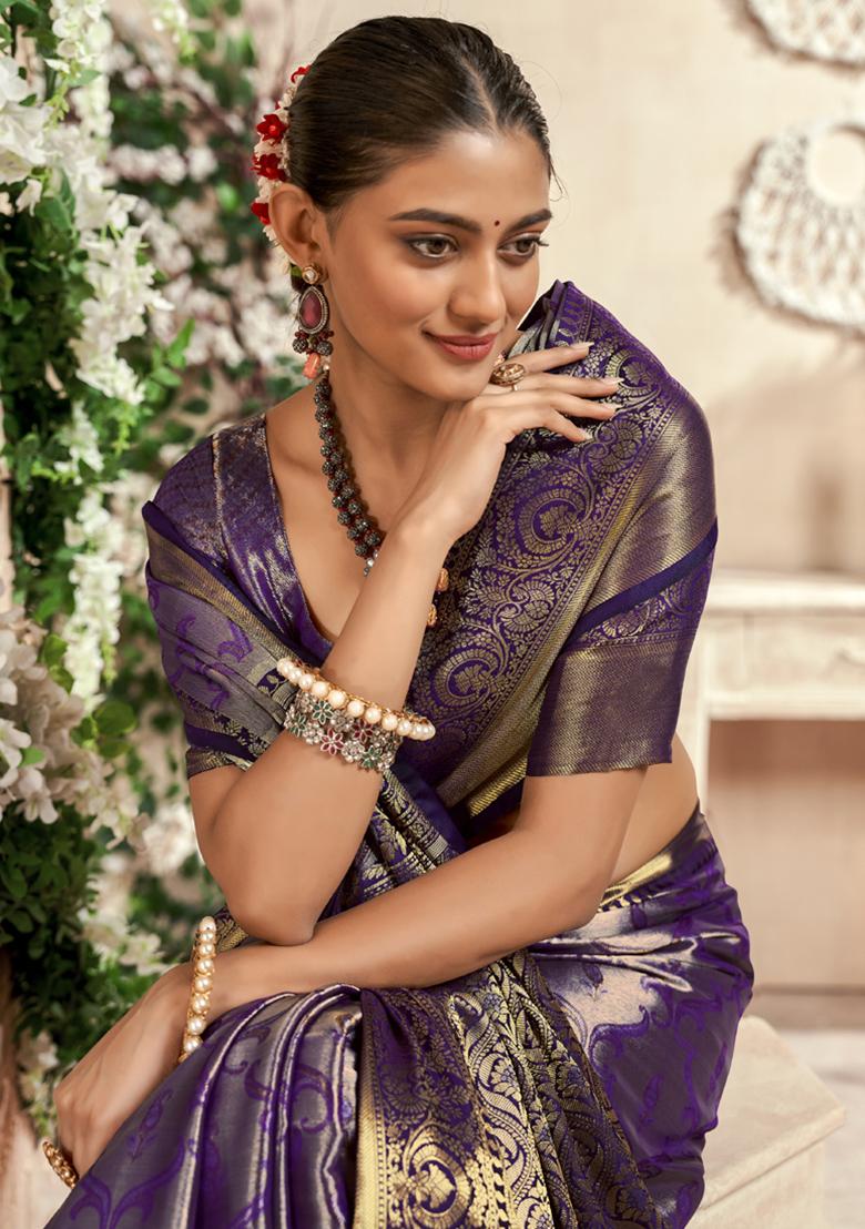 Purple Woven Silk Saree Set