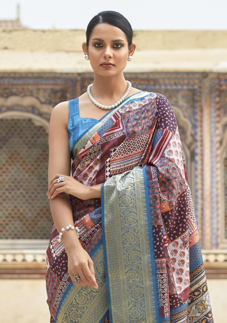 Multicolor Printed Silk Saree Set