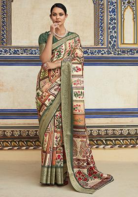 Multicolor Printed Silk Saree Set