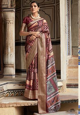 Multicolor Printed Silk Saree Set