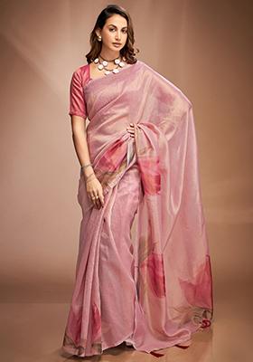 Light Pink Printed Silk Saree Set